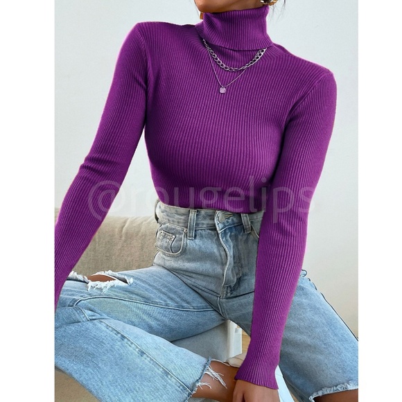 Purple Sweater Top Rib-Knit High Neck Turtleneck Long Sleeve - Picture 3 of 9